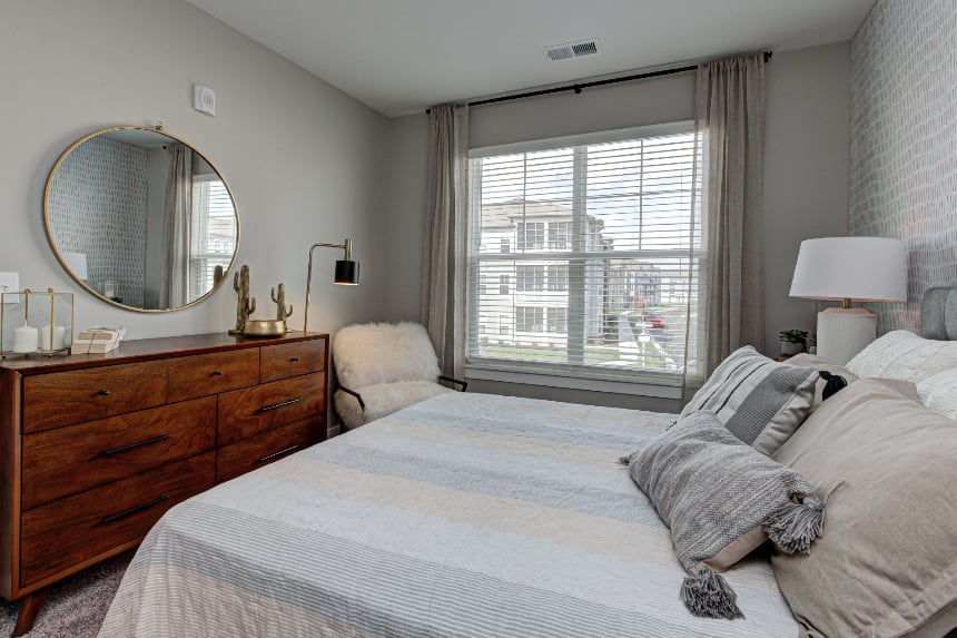 Model bedroom in Greenwood apartment